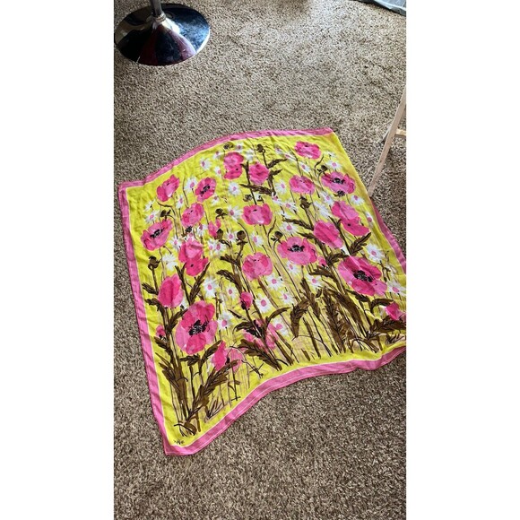 Vera Neumann large vintage Ladybug Pink Yellow Mod Floral Unique Scarf - Picture 6 of 8